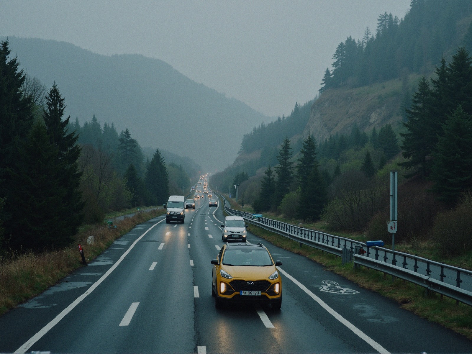 Misty Highway Through Mountainous Evergreen Landscape