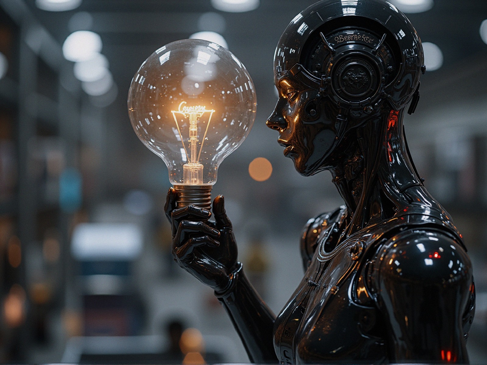 Futuristic Robot with Glowing Light Bulb Design