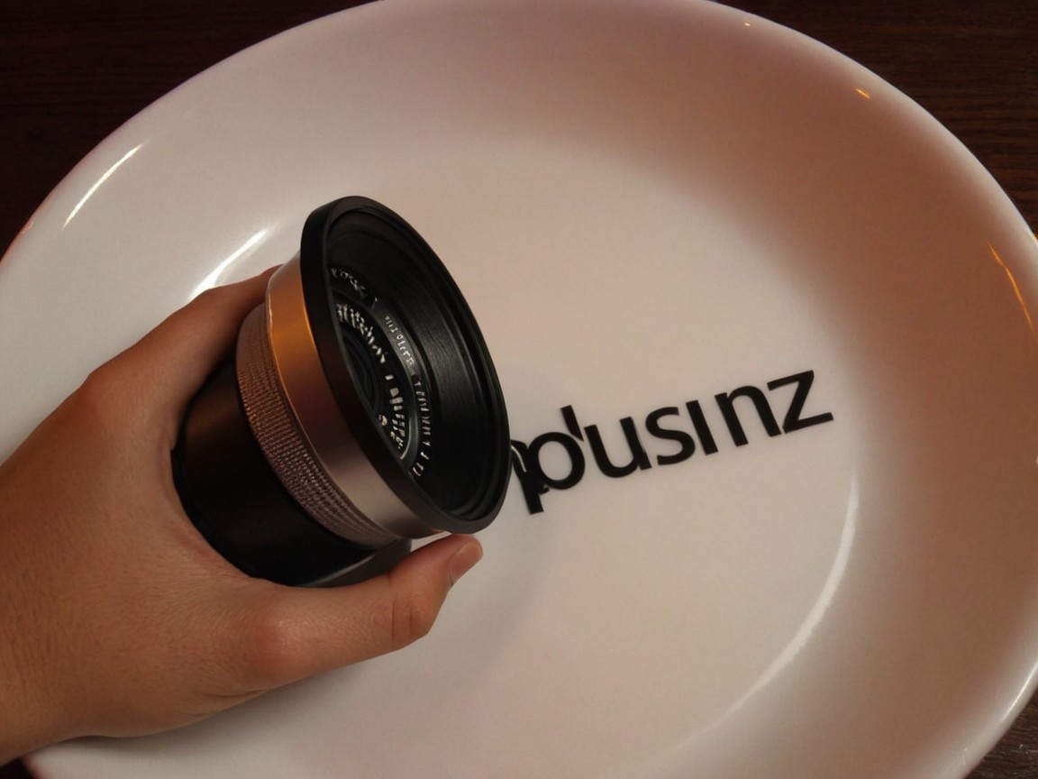 Camera Lens and Modern Logo on White Plate