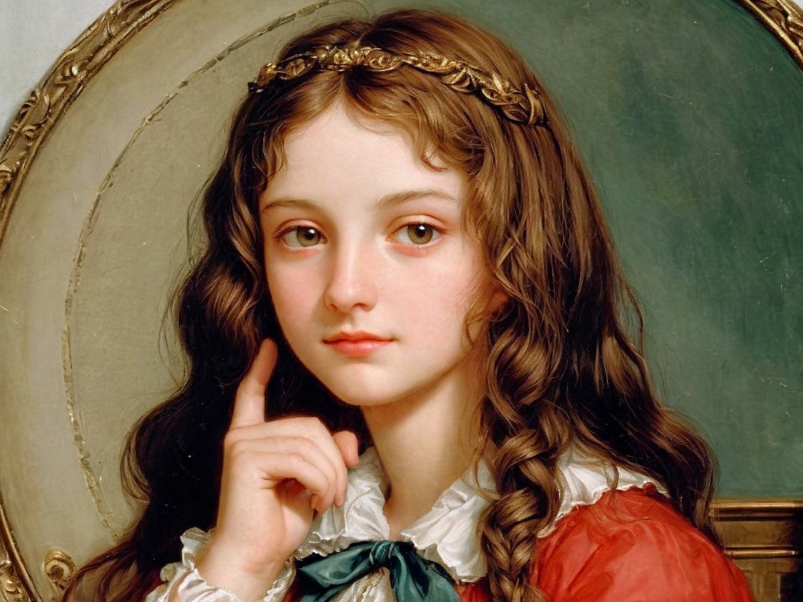 Young girl in red dress with golden headband and green ribbon