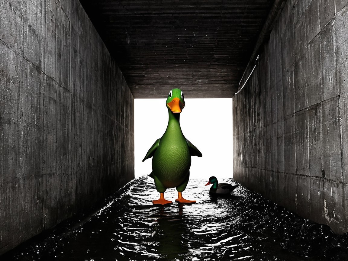 Cartoonish green duck in a dimly lit tunnel scene
