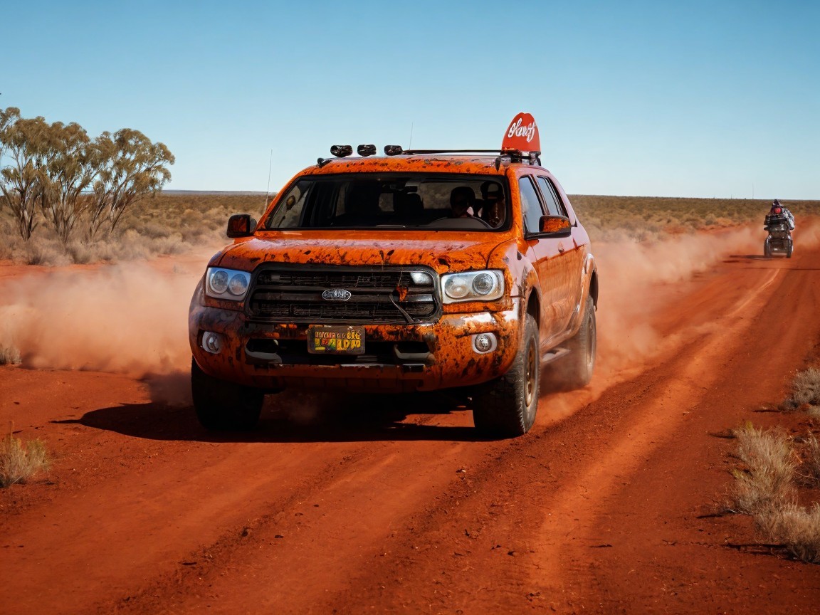Off-Road Vehicle on Dusty Red Dirt Road in Landscape