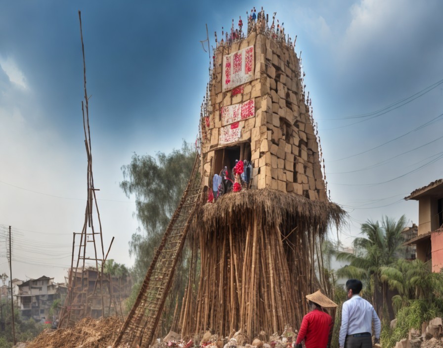 Gathering on a Traditional Straw Structure Under Hazy Sky