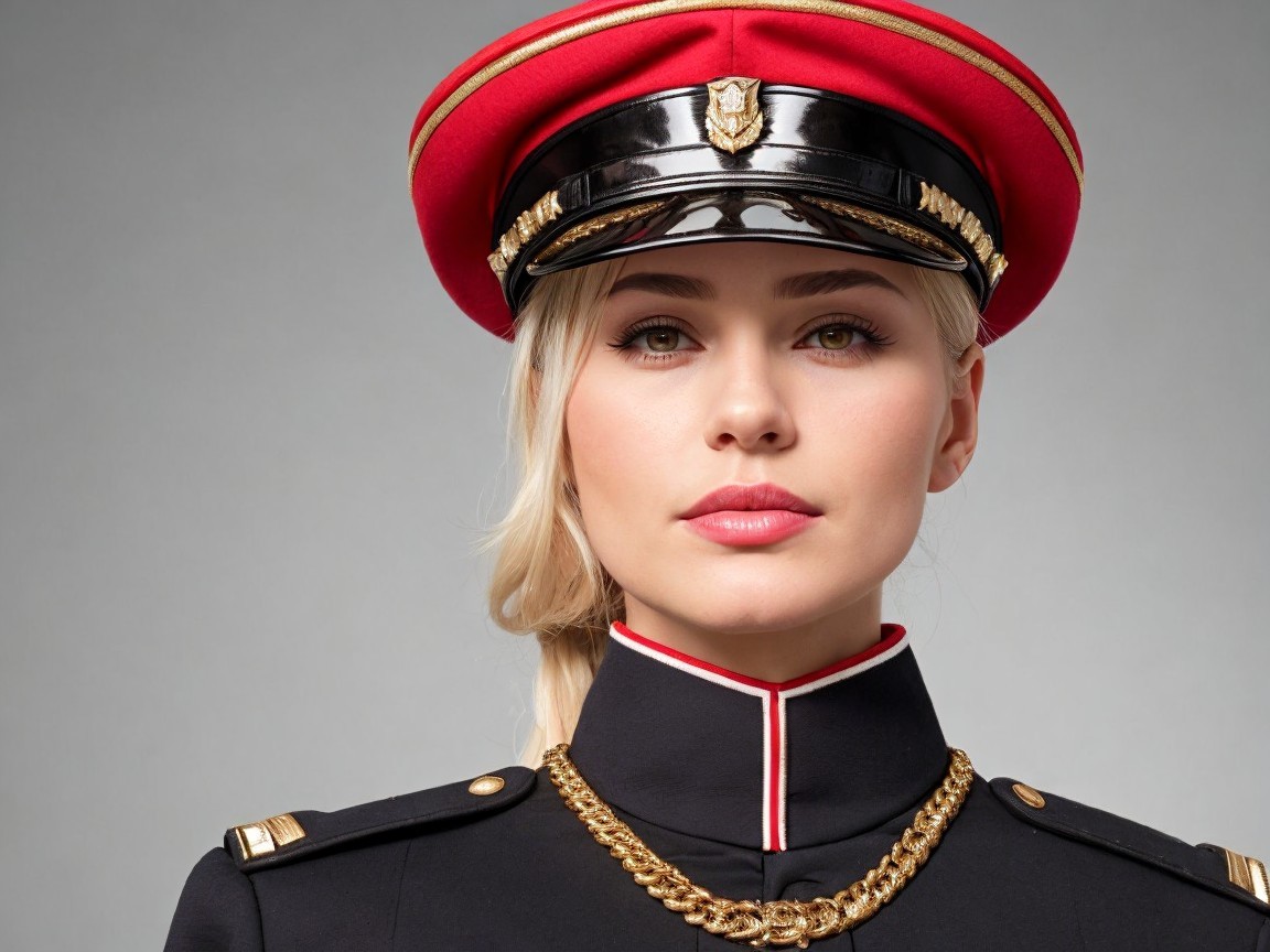 Confident Young Woman in Military-Style Uniform