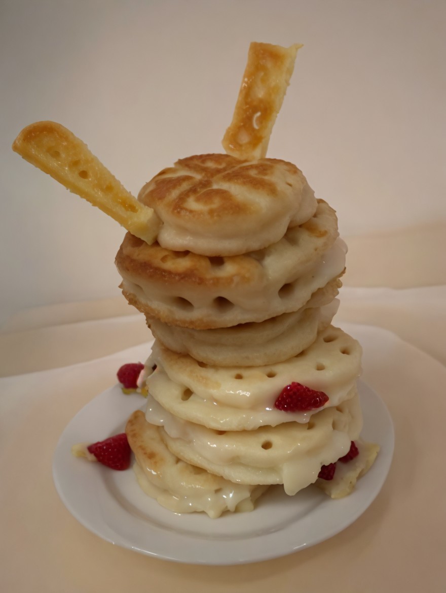 Pancakes with Creamy Filling and Raspberries on White Plate