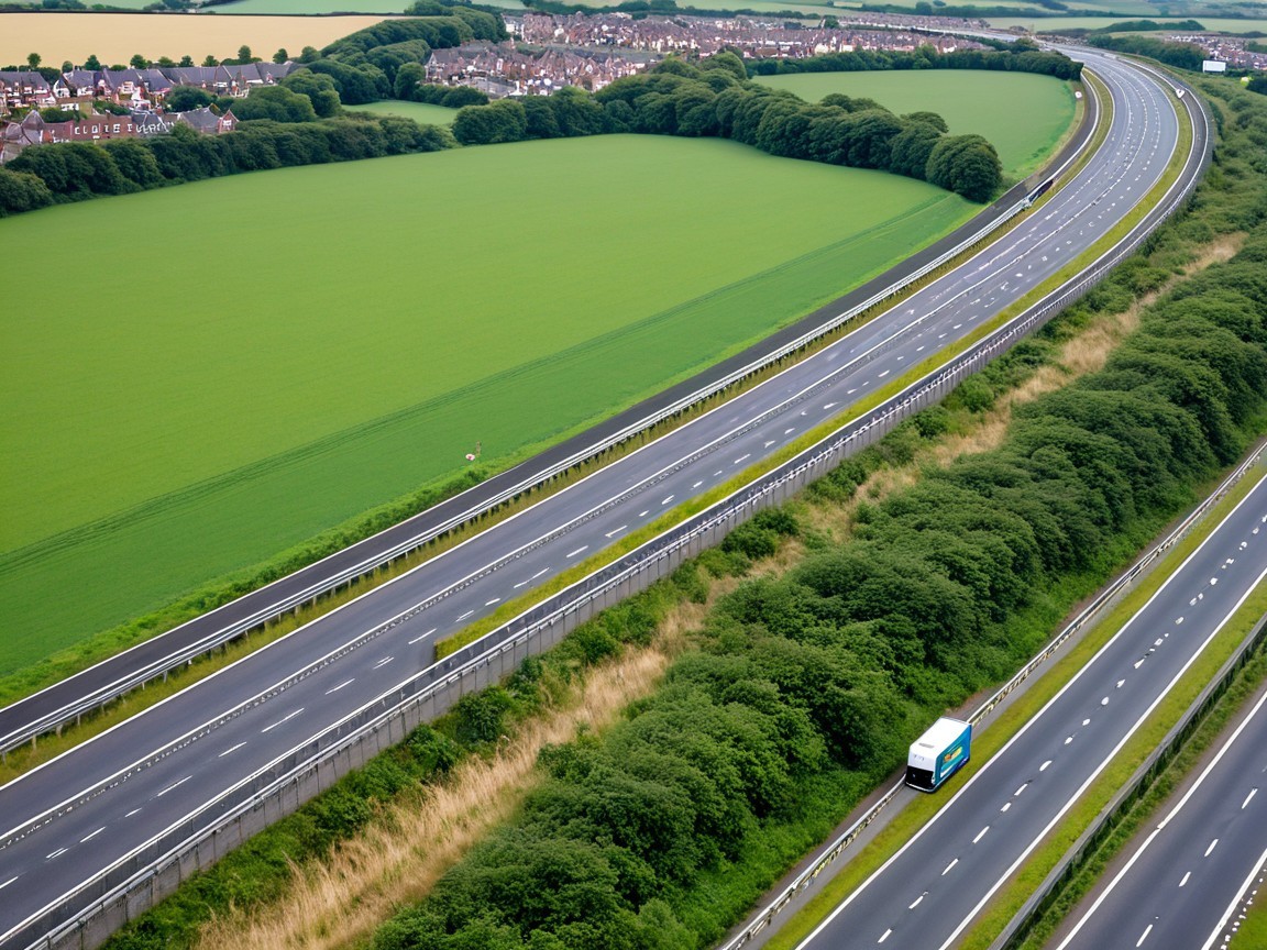 Aerial View of Winding Motorway and Green Landscape