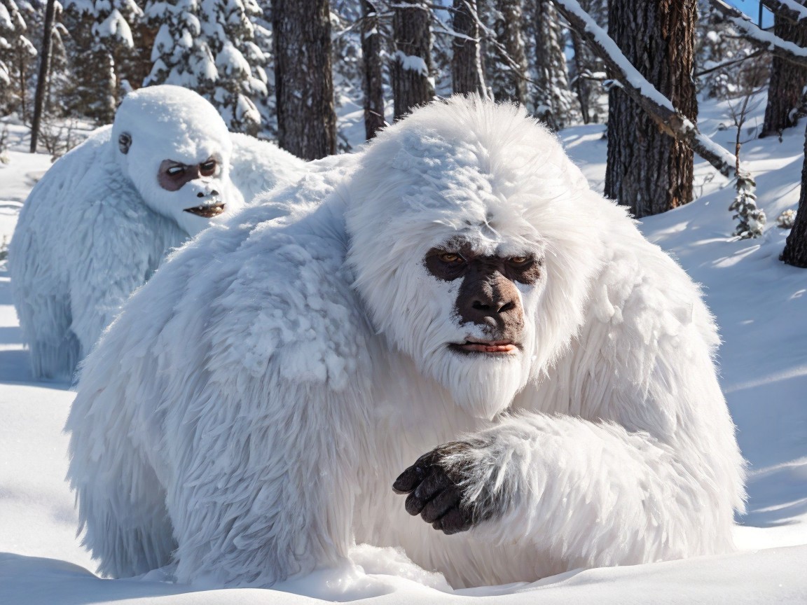 Mythical Creatures in a Snowy Forest Landscape