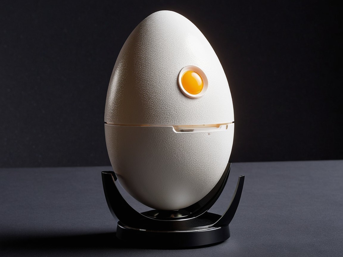 White Egg-Shaped Device on Black Stand with Orange Button