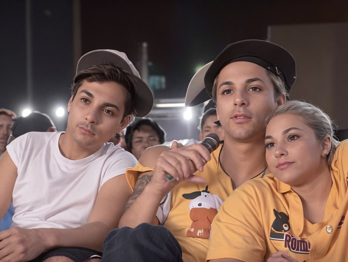 Three young adults in visor hats with microphones, one in yellow shirt with cartoon dog, focus