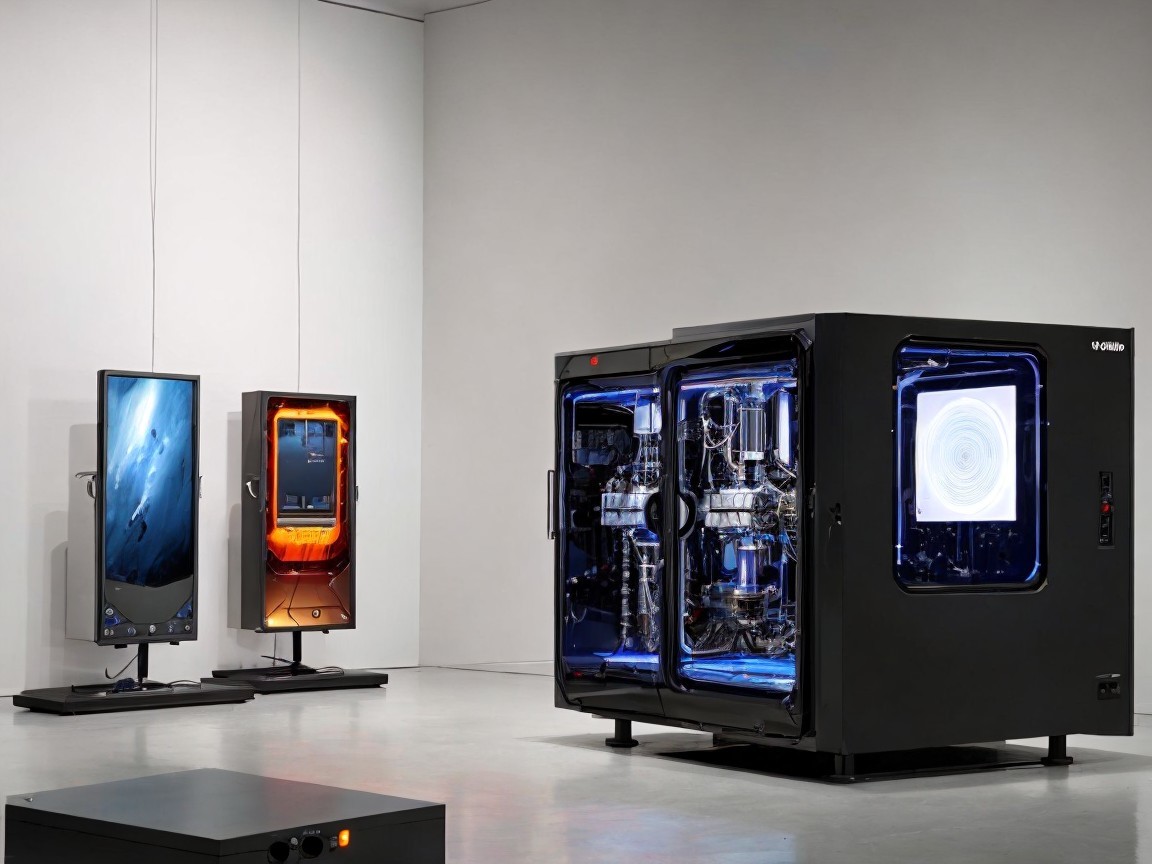 Modern Exhibition Space with High-Tech Machine and Screens