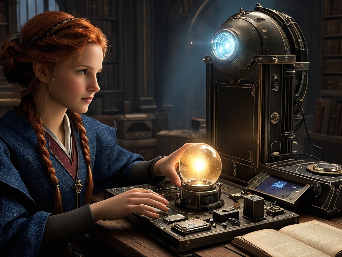 Young girl with red braids examines steampunk device