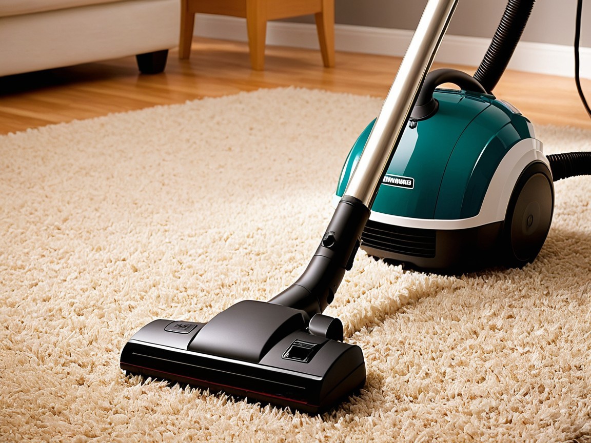 Close-up of a turquoise vacuum on beige carpet