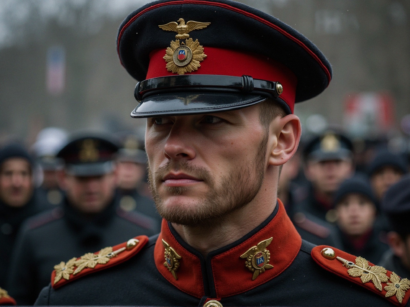 Solemn Soldier in Traditional Military Uniform at Attention