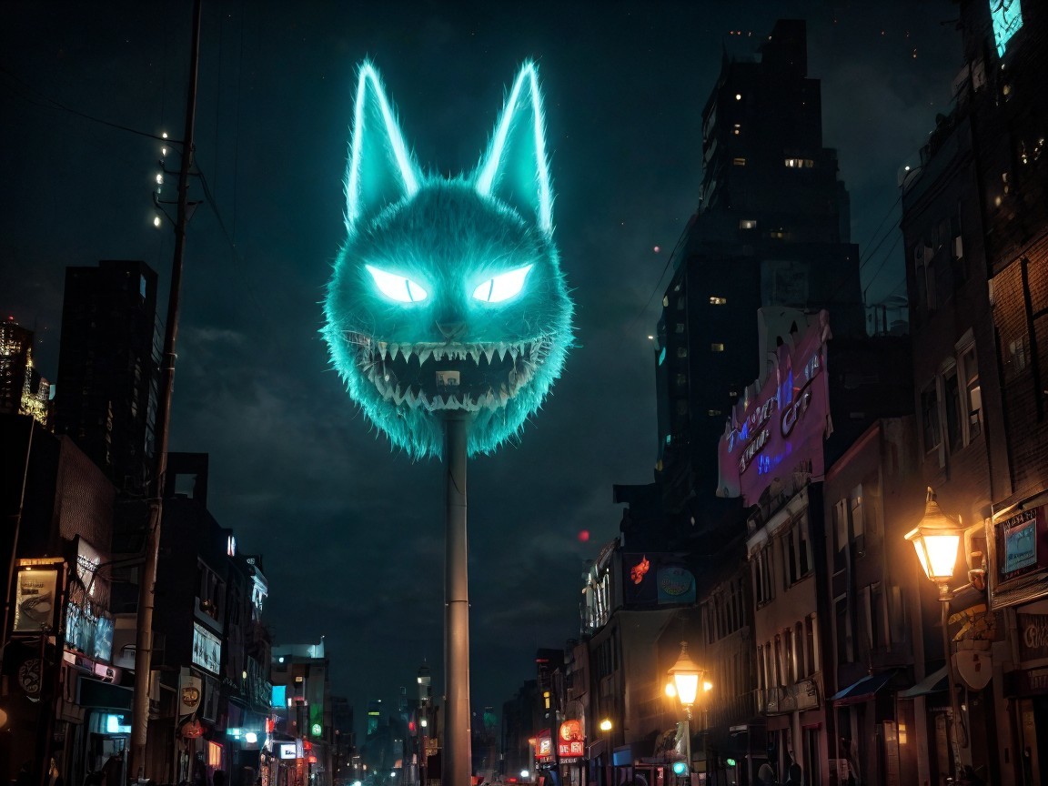 Illuminated Cat-Like Figure Over City Street at Night