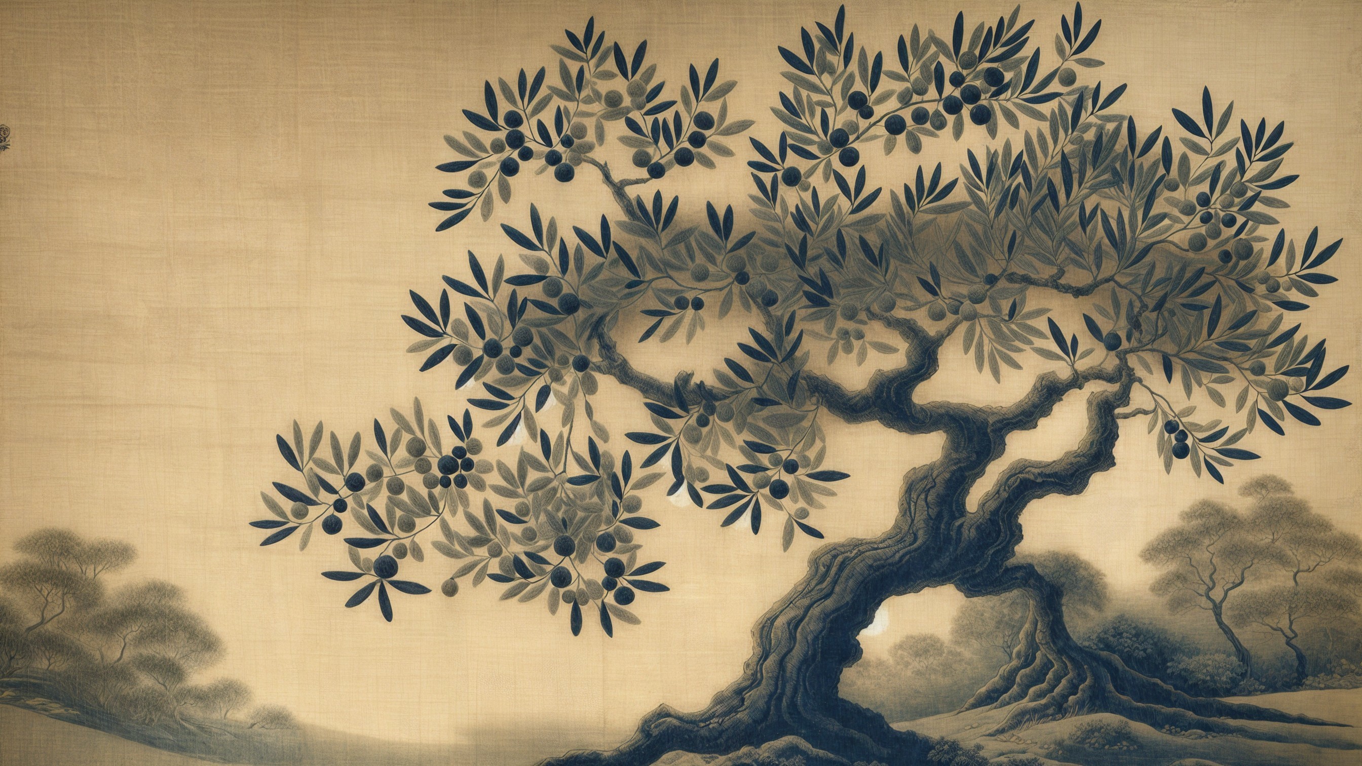 Stylized Olive Tree in Blue and Beige Tones