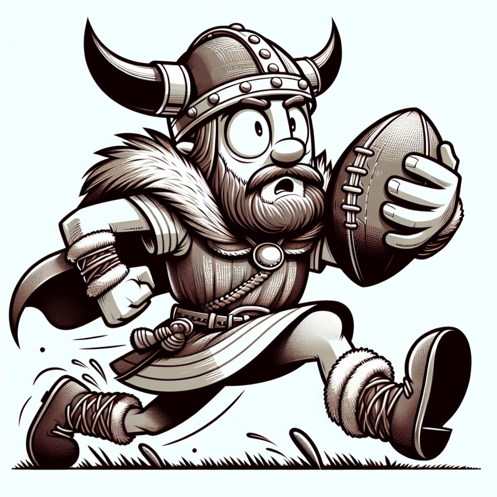 Cartoon Viking in Horned Helmet Running with Football