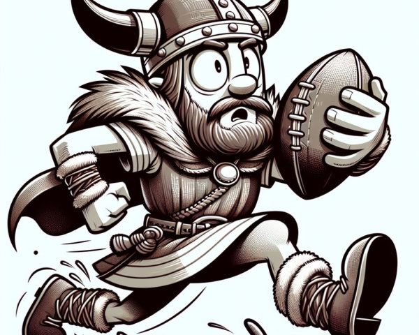 Cartoon Viking in Horned Helmet Running with Football