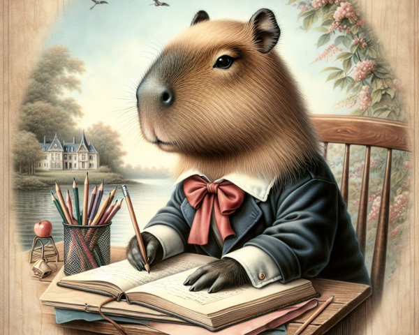 Capybara in Suit Writing at Desk by Water
