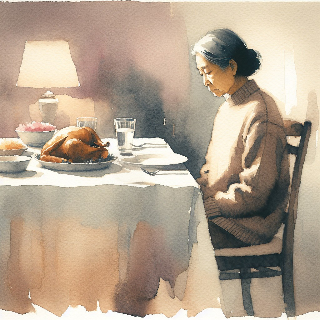 Elderly Woman at Dining Table with Roasted Turkey