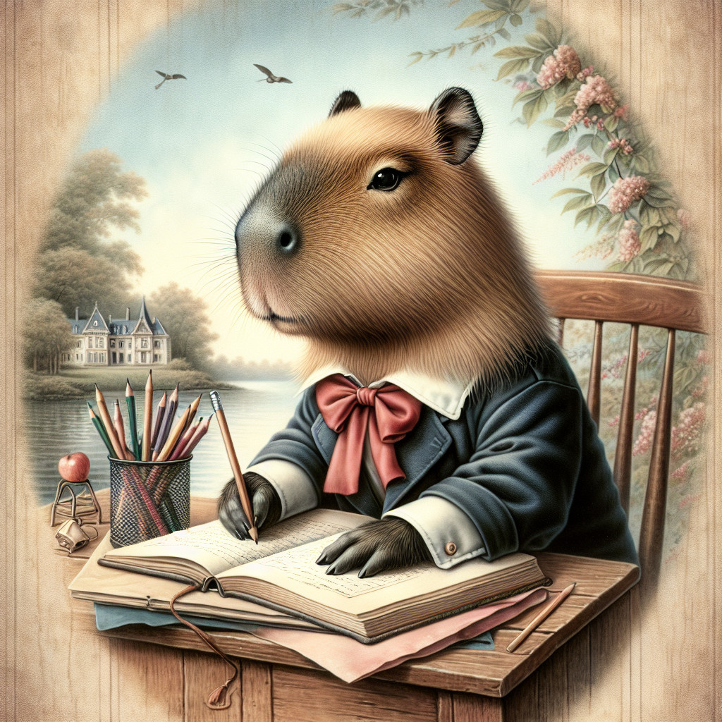 Capybara in Suit Writing at Desk by Water