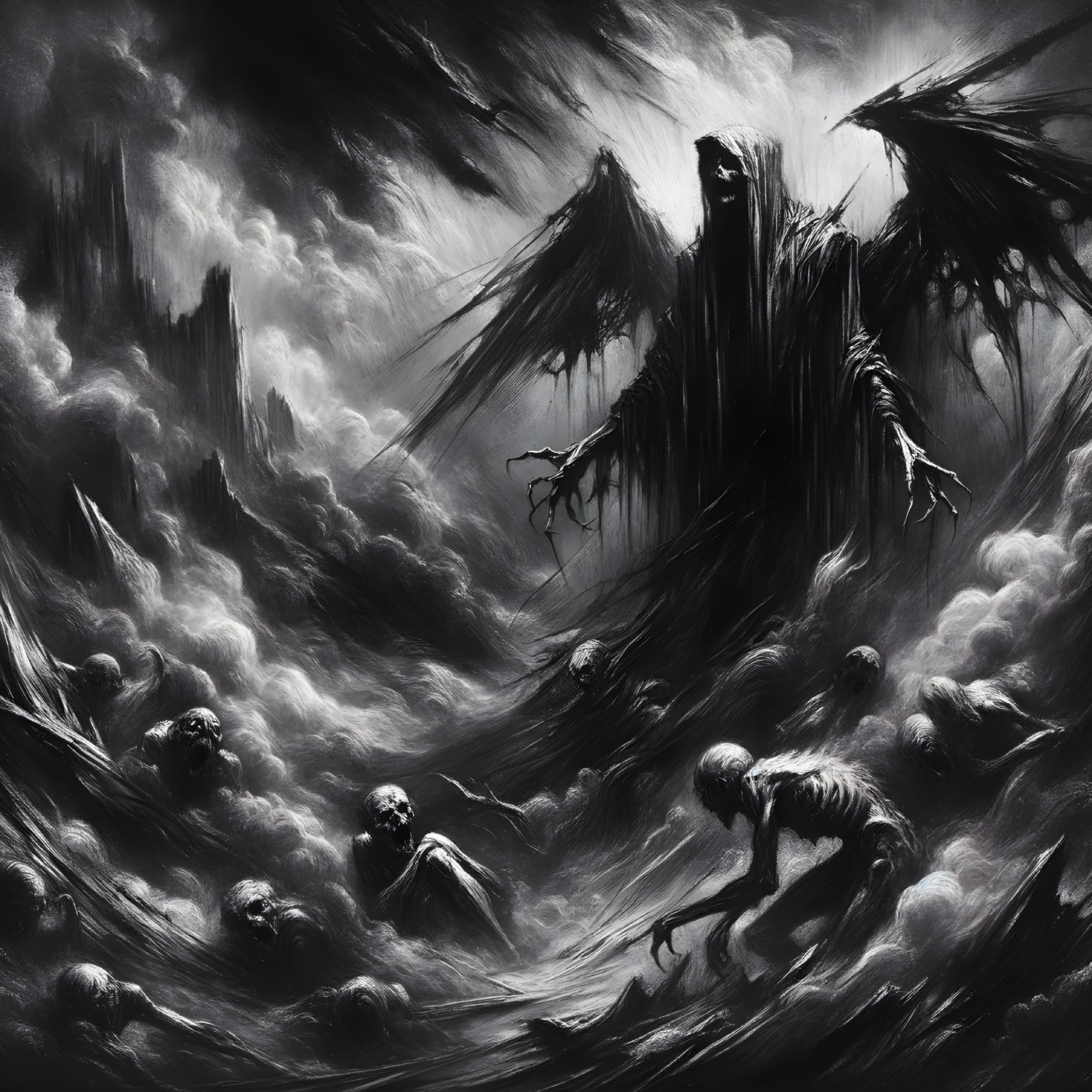 Monochromatic Dark Fantasy with Skeletal Remains and Mountains