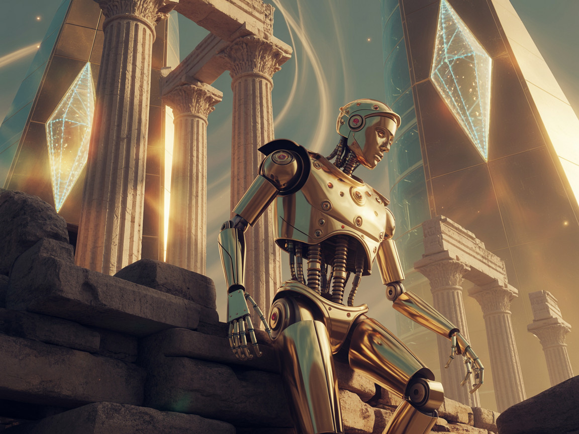 Futuristic Robot Amidst Ancient Ruins and Crystals