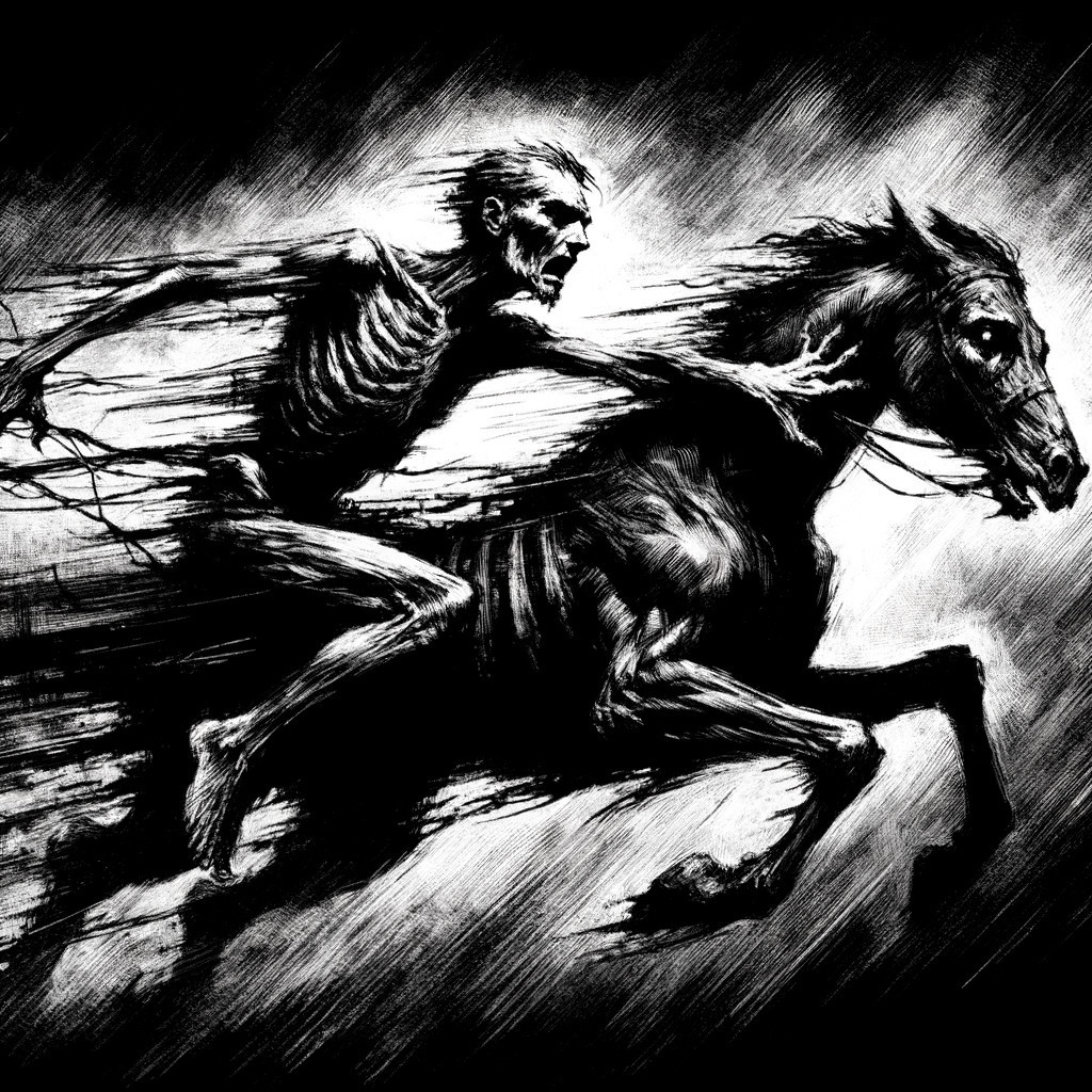 Skeletal Figure Riding Horse in Chaotic Motion Illustration
