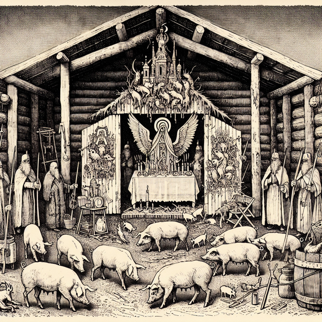 Rustic Barn Interior with Pigs and Religious Altar