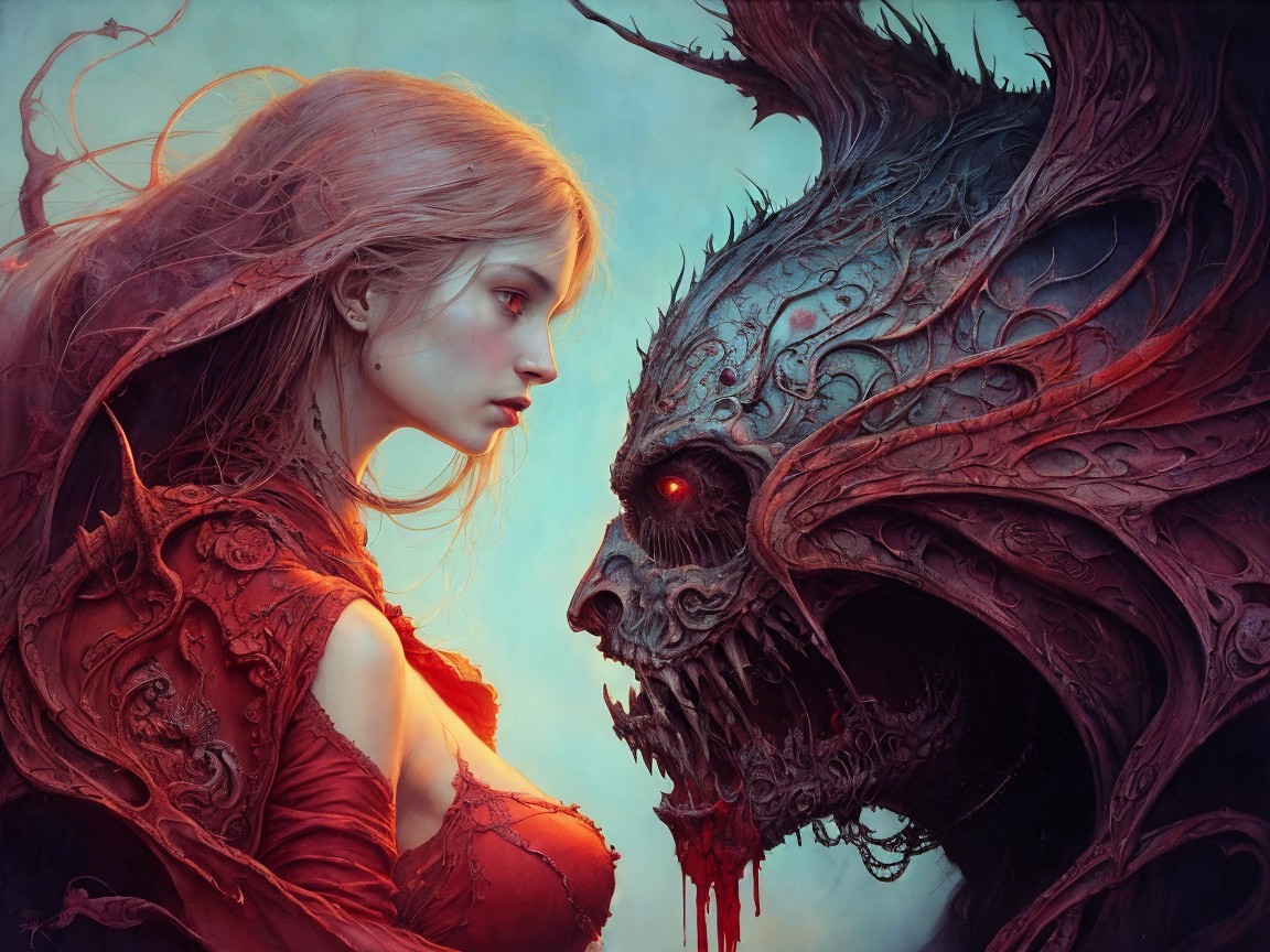 Ethereal Woman and Menacing Creature in Tense Scene