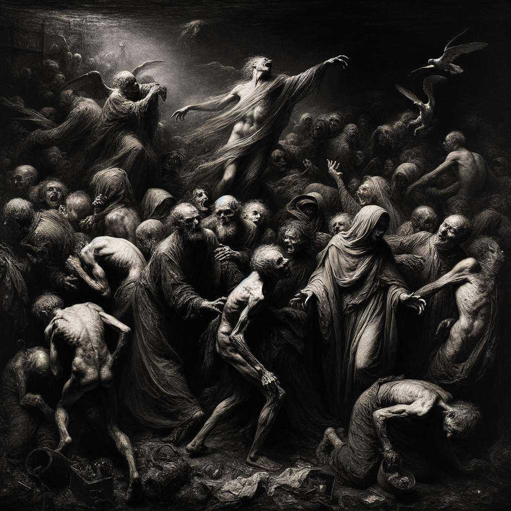 Surreal Gathering of Grotesque Figures in Darkness