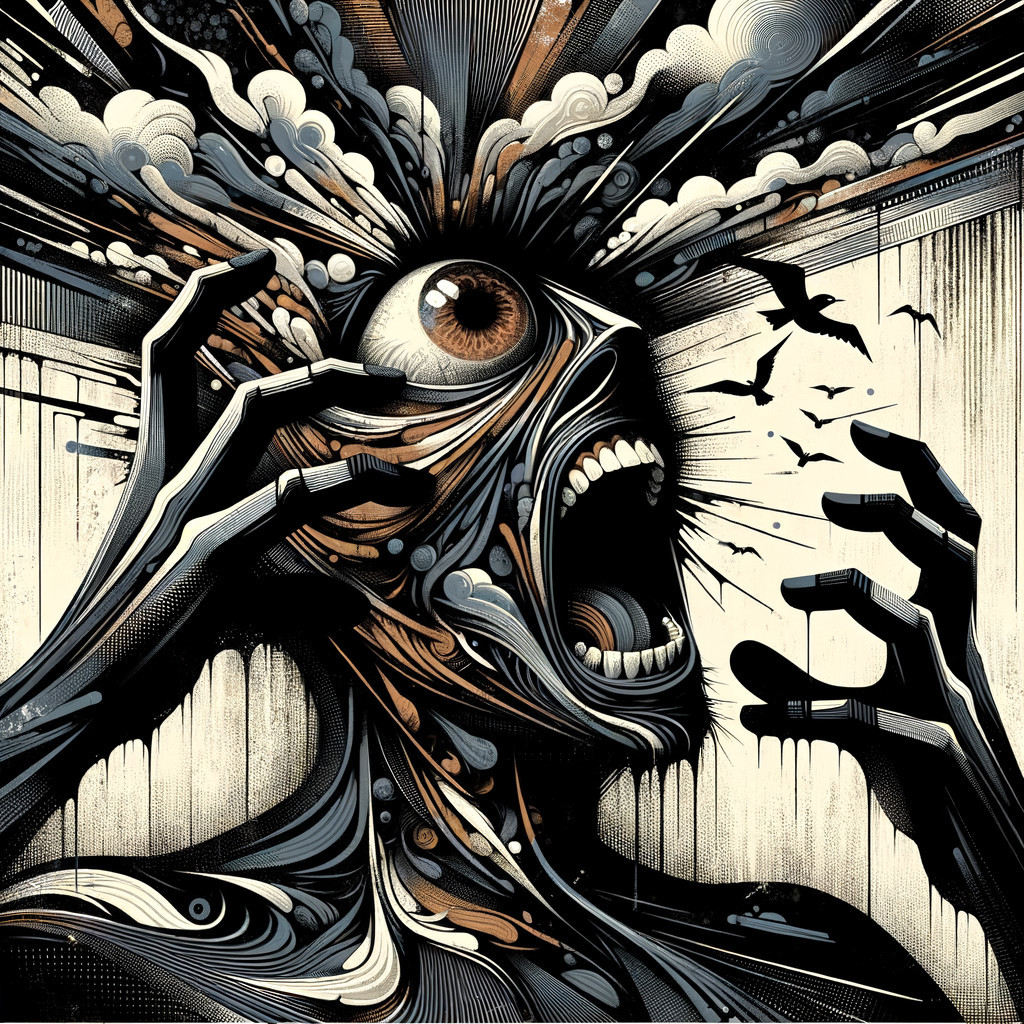 Surreal Figure Expressing Anguish with Chaotic Elements