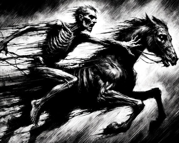 Skeletal Figure Riding Horse in Chaotic Motion Illustration
