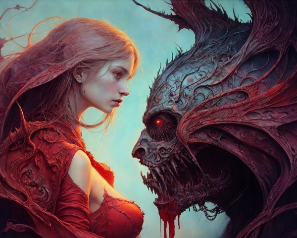 Ethereal Woman and Menacing Creature in Tense Scene