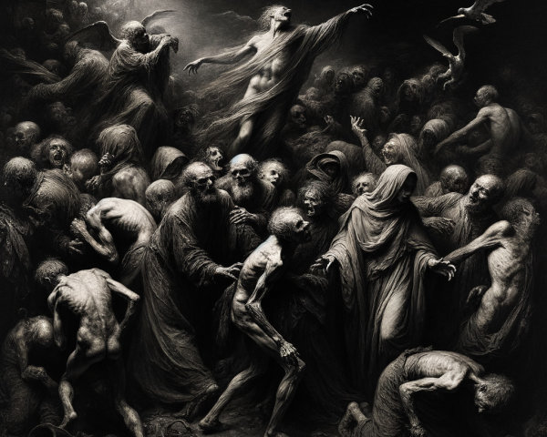 Surreal Gathering of Grotesque Figures in Darkness