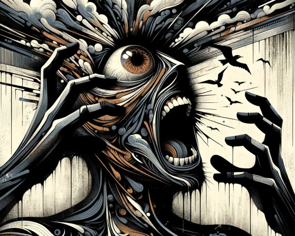 Surreal Figure Expressing Anguish with Chaotic Elements