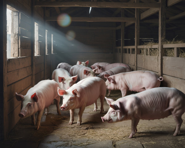 Pigs in a Rustic Barn Surrounded by Soft Straw