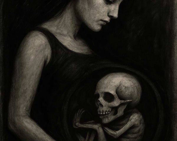Charcoal Drawing of Somber Woman with Skeletal Fetus