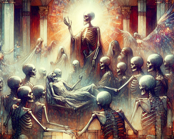 Surreal Gathering of Skeletal Figures in Ethereal Light