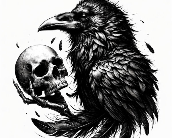 Black and White Illustration of Raven and Skull