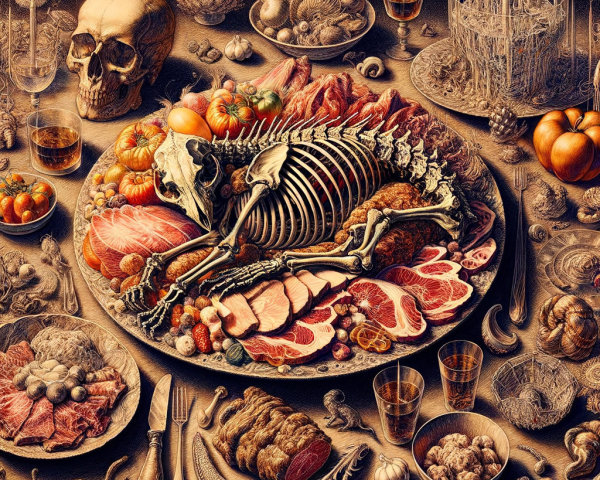 Surreal Still Life with Skeletal Dog and Culinary Elements