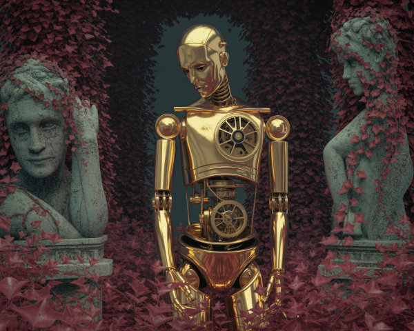 Golden Humanoid Robot Amidst Ivy-Covered Statues