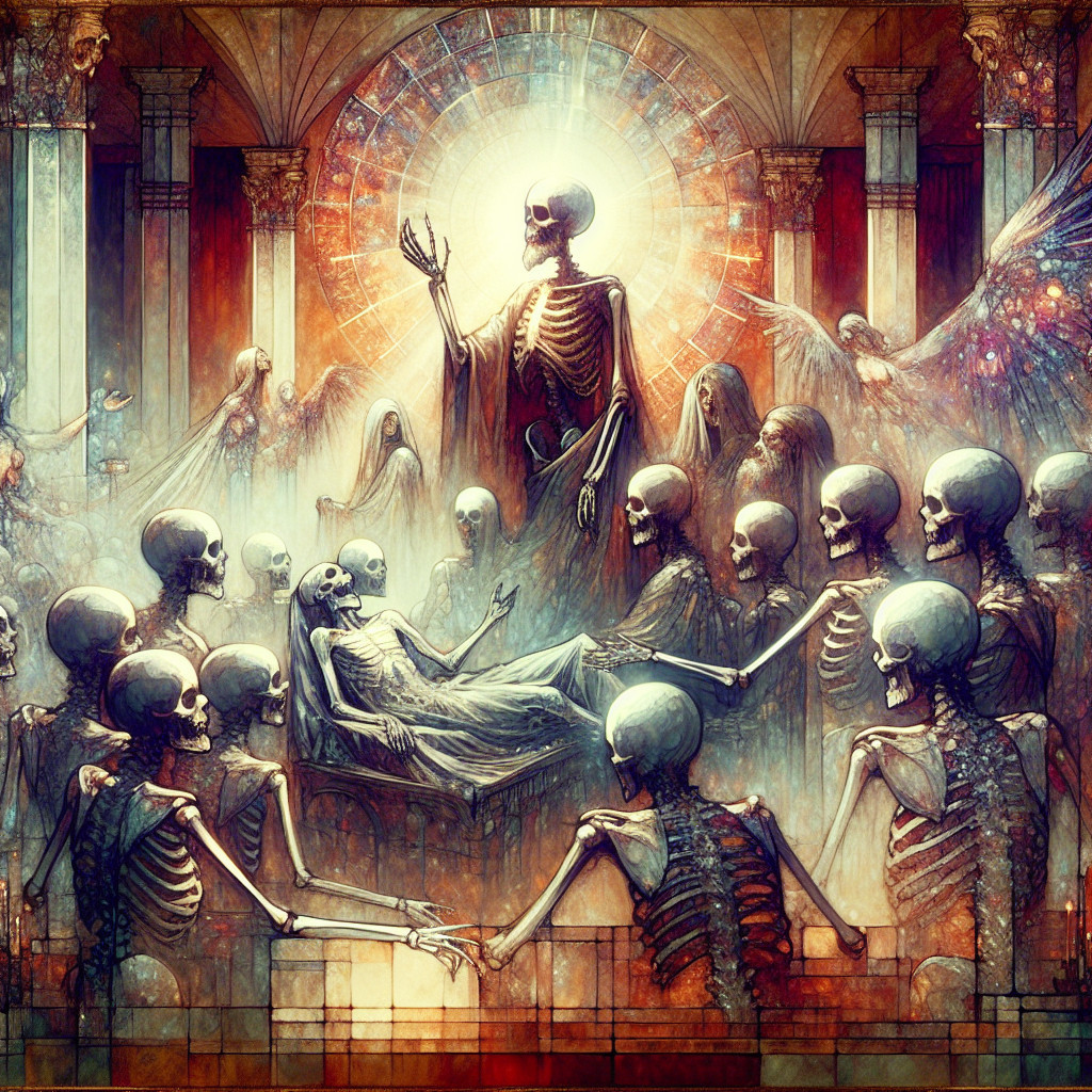 Surreal Gathering of Skeletal Figures in Ethereal Light