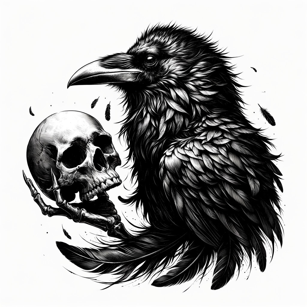 Black and White Illustration of Raven and Skull