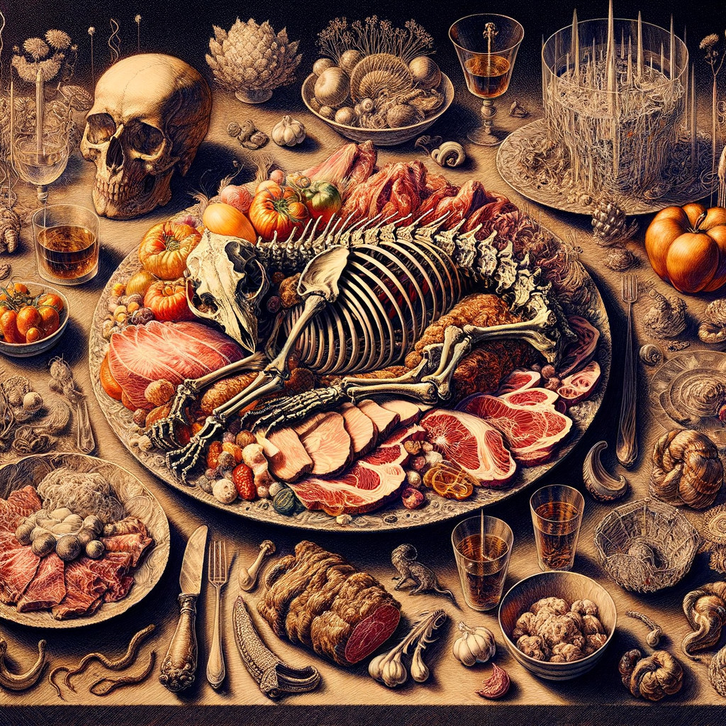 Surreal Still Life with Skeletal Dog and Culinary Elements