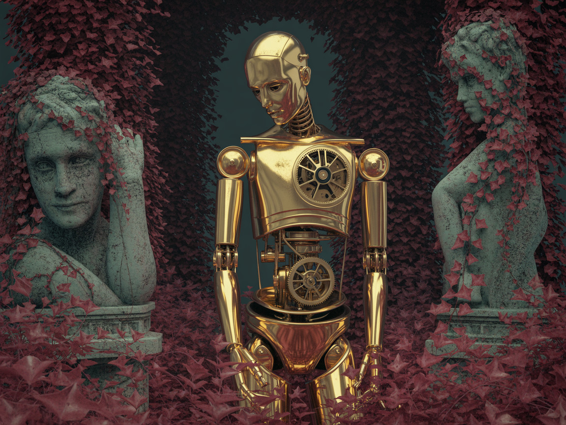 Golden Humanoid Robot Amidst Ivy-Covered Statues