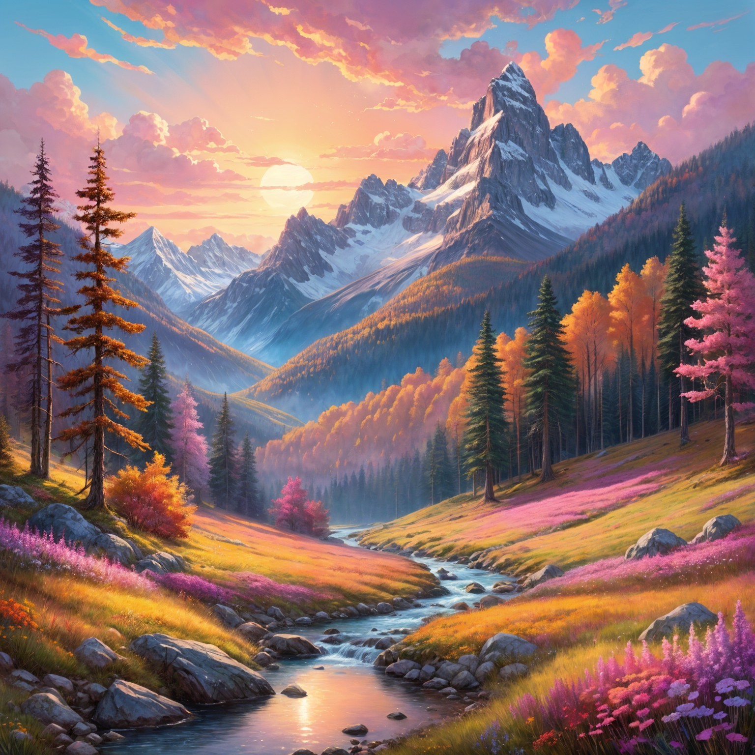 Vibrant Sunset Over Majestic Mountains and River