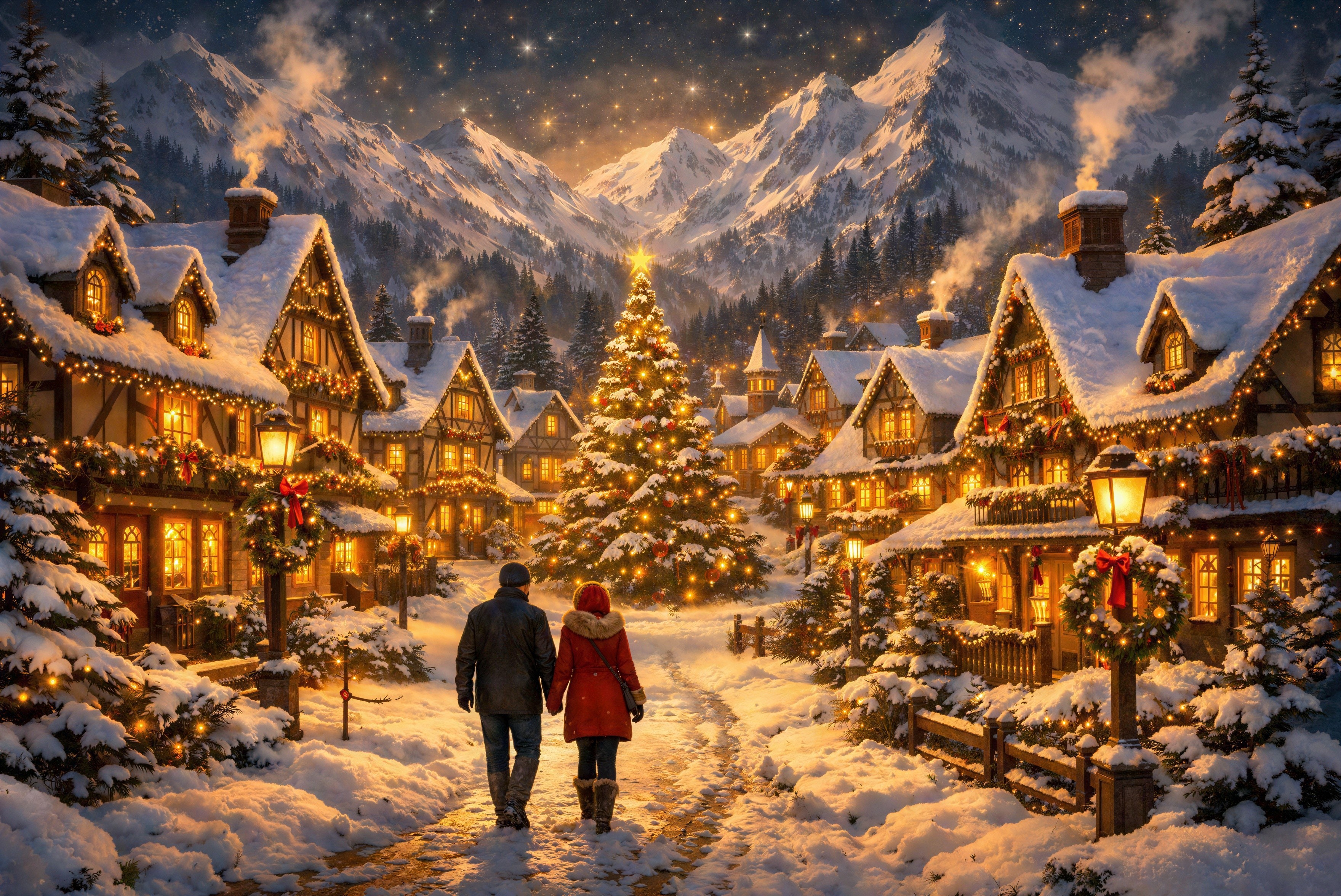 Picturesque Christmas village scene under starry sky