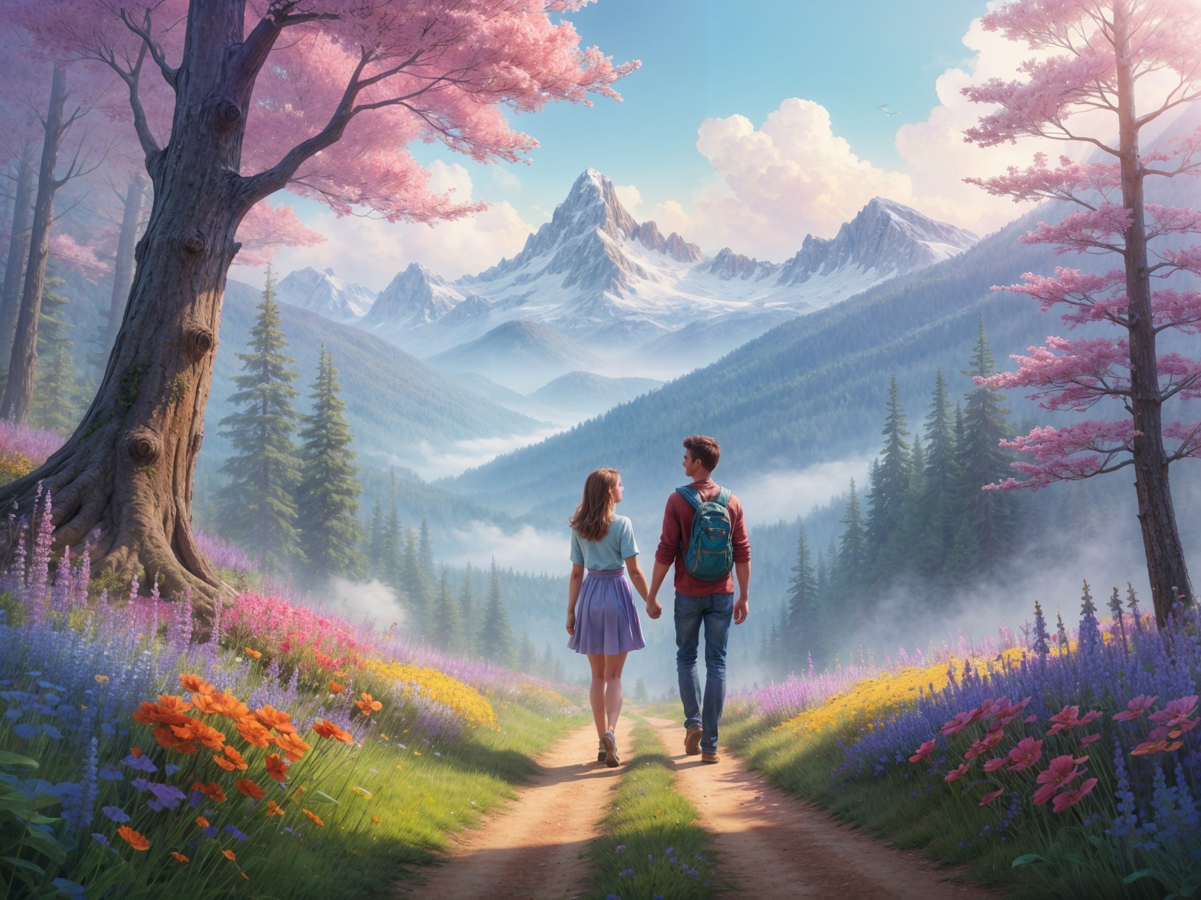 Couple Walking Along Scenic Path with Cherry Blossoms