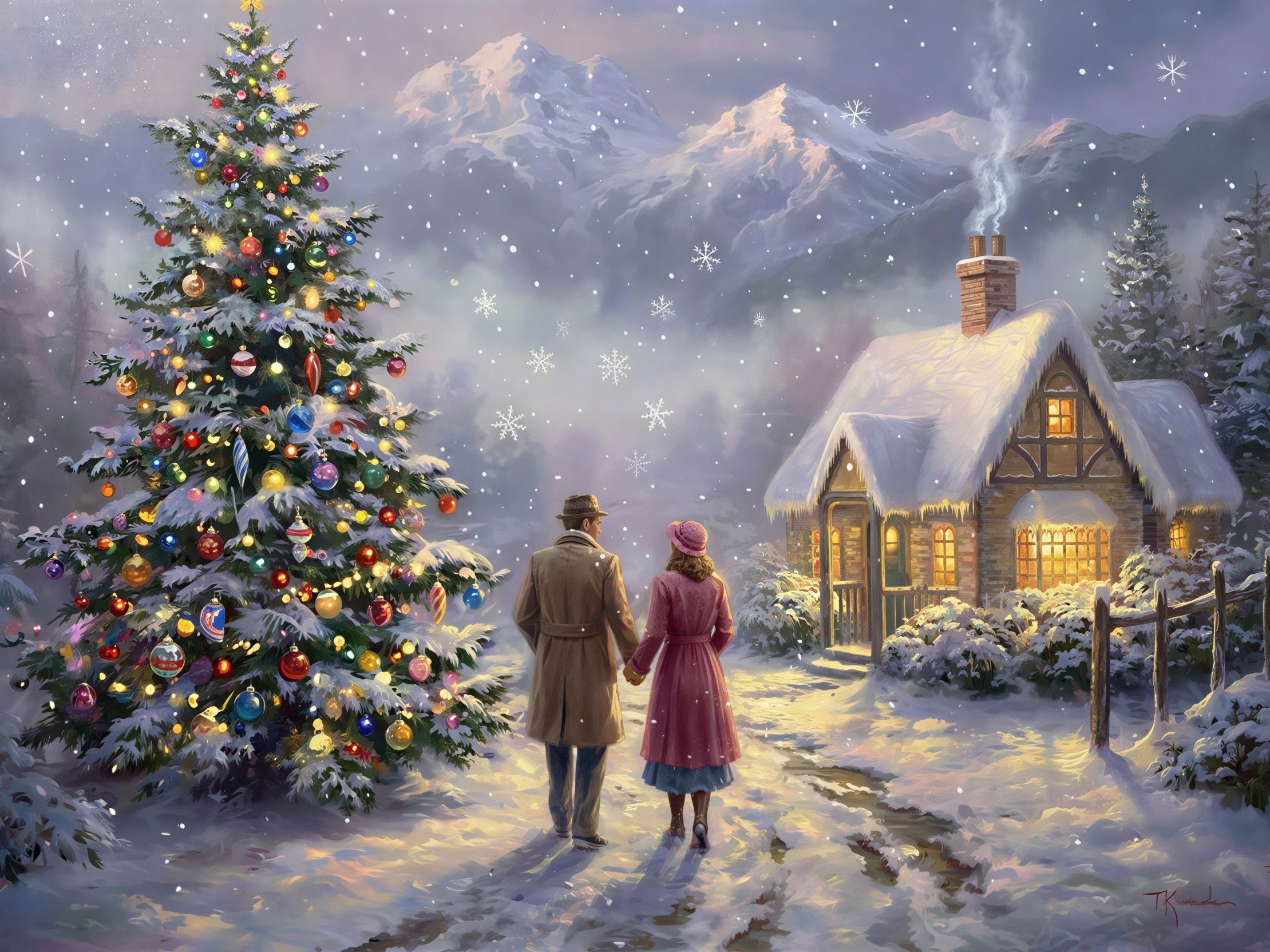 Winter Village Scene with Couple at Twilight