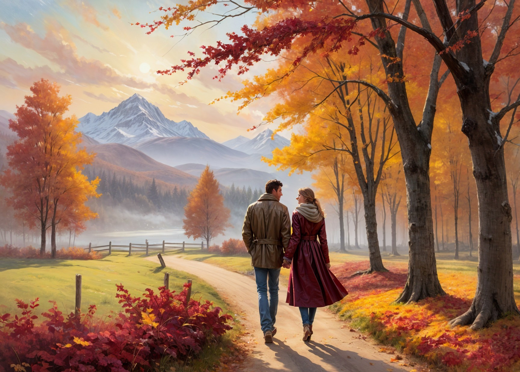 Couple Walking Amidst Autumn Foliage and Mountains